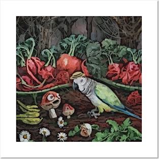 watercolor parrot tending garden with mushroom Posters and Art